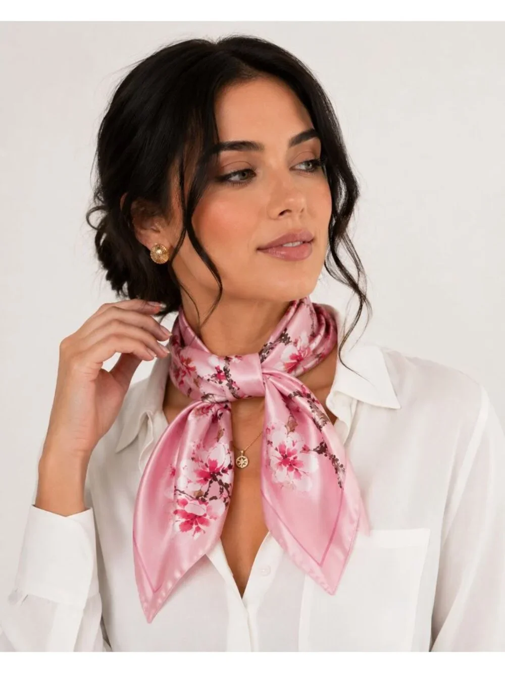 Pink Magnolia Satin Scarf 35x35 Floral Square Hair Head Neck Scarf for Women